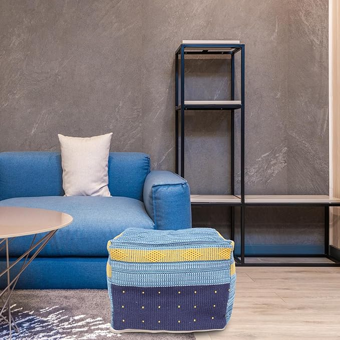 VOSAREA Pouf Cover Square Pouf Ottoman Cover Boho Linen Cushion Decorative Square Unstuffed Thick Cotton Linen Tatami Buttocks Cushion (Sky-Blue)
