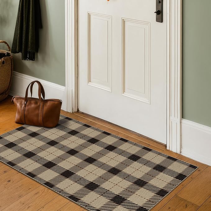 2x4 Entryway Runner Rug, Front Door Runner Indoor Entrance, Washable Checkered Bathroom Rug Non Slip, Non Shedding Jute Black and Tan Buffalo Plaid Door Mat