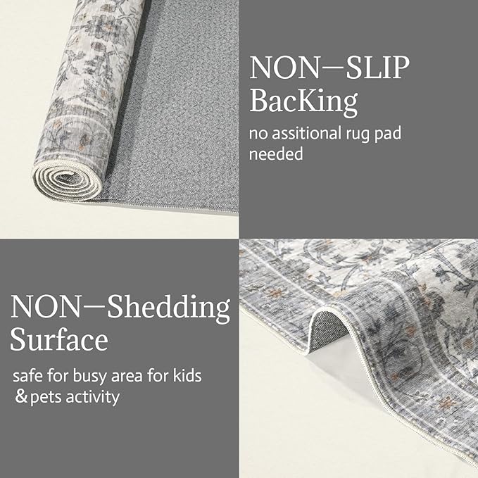 Washable Area Rugs 5'x7' Non-Slip Vintage Boho Distressed Fade Resistant Low Pile Carpet for High-Traffic Living Room, Bedroom & Dining Room