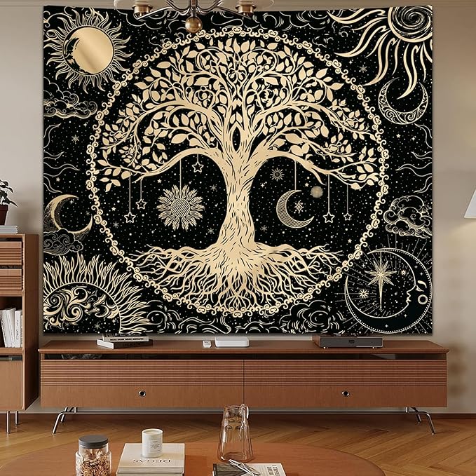 Avinyl Tree of Life Wall Tapestry for Bedroom, Sun and Moon Hippie Tapestries Aesthetic, Black and Gold Wall Hanging Home Decor for Dorm Living Room Office 71in x 91in