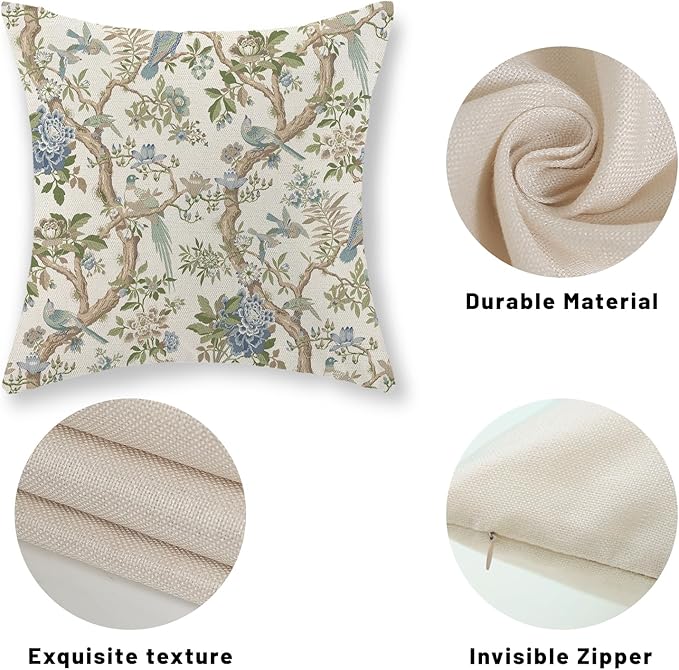 Blue Green Floral Bird Pillow Covers 24x24 Set of 2 Chinoiserie Throw Pillows Green Vintage Flowers Bird Decorative Pillow Cases Outdoor Chinoiserie Decor Farmhouse Cushion Case for Couch Sofa