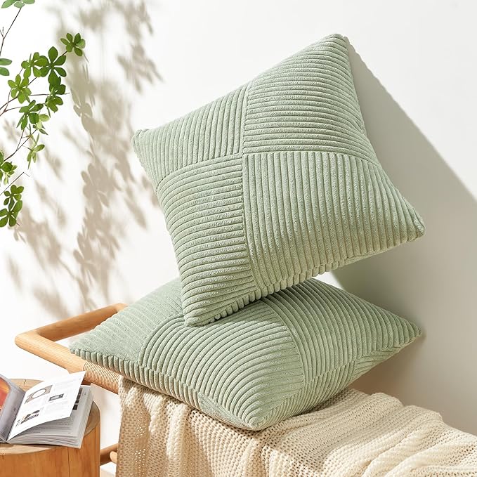 Topfinel SageGreen Throw Pillow Covers 26x26 Inch Set of 2 Decorative Pillow Covers for Sofa Living Room Couch Bed Soft Corduroy Boho Textured Stripe Modern Farmhouse Decor