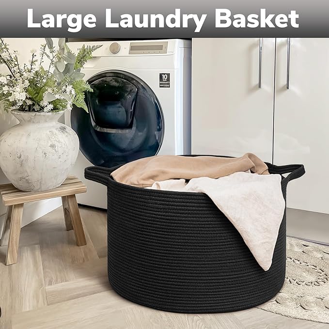 Goodpick Large Blanket Basket, 22"X 14" Woven Rope Baby Basket, Black Blanket Storage for Dirty Clothes, Kids Toy Storage Organizer Bins for Living Room