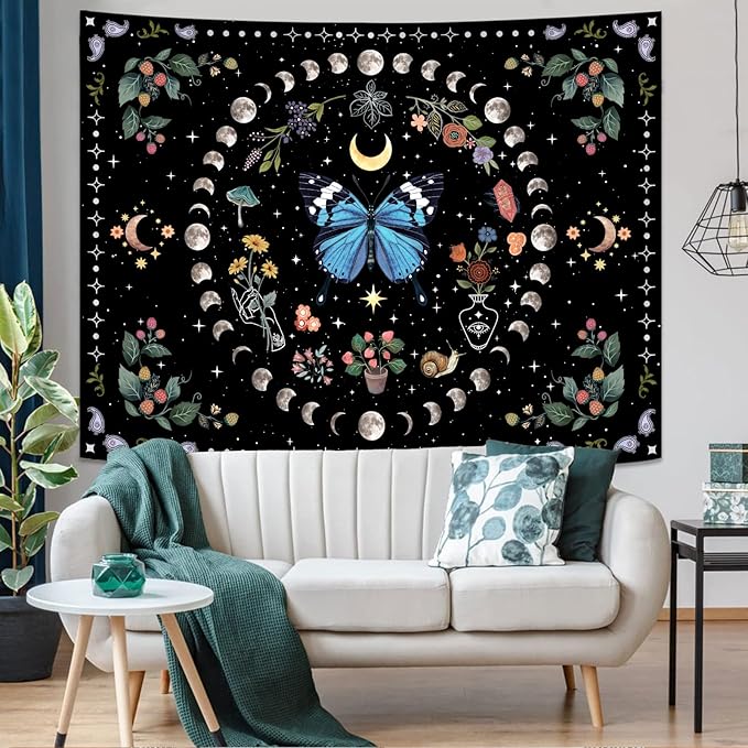 Aipon Blue Butterfly Moon Flower Tapestry Botanical Boho Plant Floral Tapestry for Bedroom Aesthetic Hippie Vintage Tapestries Wall Hanging for Living Room Dorm (44.00" x 60.00", Blue)
