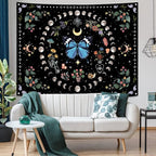 Aipon Blue Butterfly Moon Flower Tapestry Botanical Boho Plant Floral Tapestry for Bedroom Aesthetic Hippie Vintage Tapestries Wall Hanging for Living Room Dorm (68.00" x 90.00", Blue)