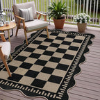 Checkered Easy Jute 3x5 Outdoor Patio Rug, Washable Rugs for Entryway Indoor Outdoor Area Rug Black Kitchen Rugs, Non-Slip Farmhouse Neutral Rug for Balcony Backyard