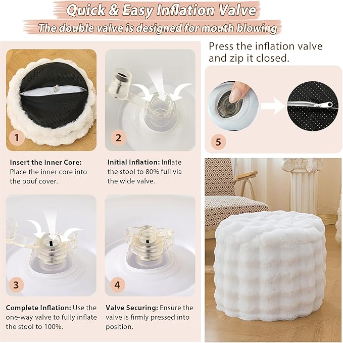 LIFEREVO Luxury Faux Rabbit Fur Round Inflatable Pouf Ottoman, 20 X 16 Fluffy Plush Waffle Bubble Floor Poufs Foot Stool Rest Anti-Slip Furry Foldable Ottoman Seat for Home Decor Kids Adults, White
