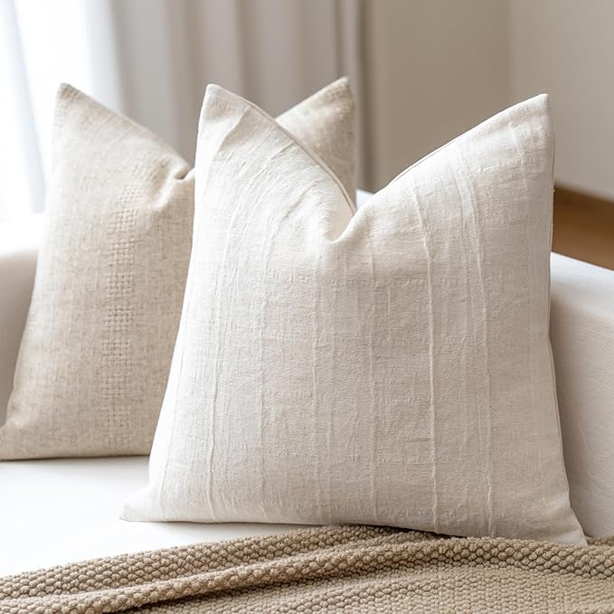 Decorative Neutral Throw Pillow Covers 24x24 Farmhouse Pillow Covers Cotton Check Cushion Covers Home Decor for Sofa Couch Living Room Bedroom 1PC, Beige Check