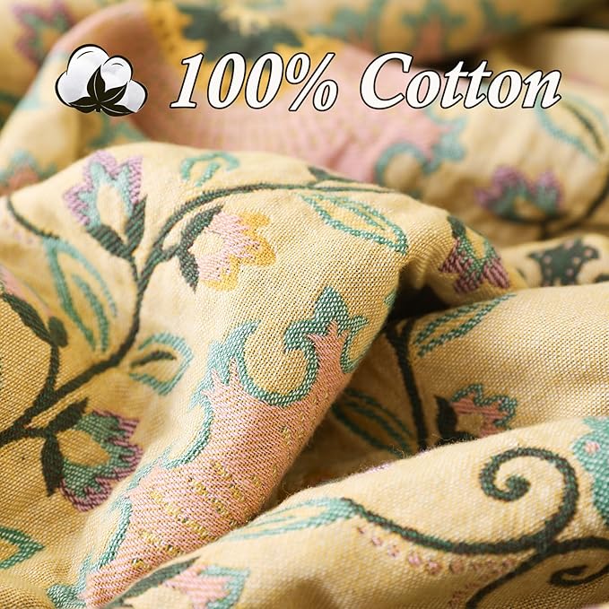Snycler Boho Throw Blanket 80"x90" - 100% Cotton Ultra Soft Rustic Quilt, Green Floral Printed Farmhouse Decor for Bed, Sofa, Couch, Chair - All Season Cozy Blanket