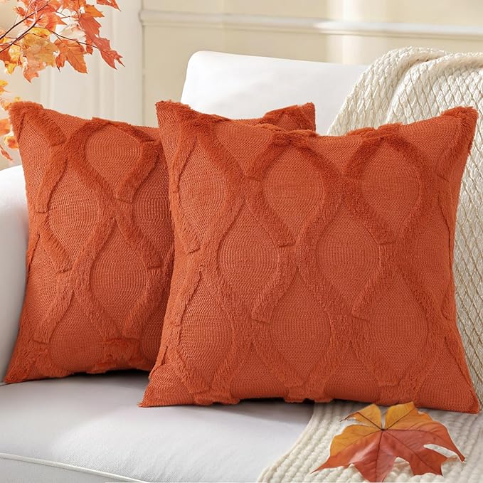 decorUhome Spring Throw Pillow Covers 16x16 Inch Set of 2, Soft Plush Faux Fur Wool Rust Accent Couch Pillow Covers for Modern Farmhouse Bed Sofa Living Room
