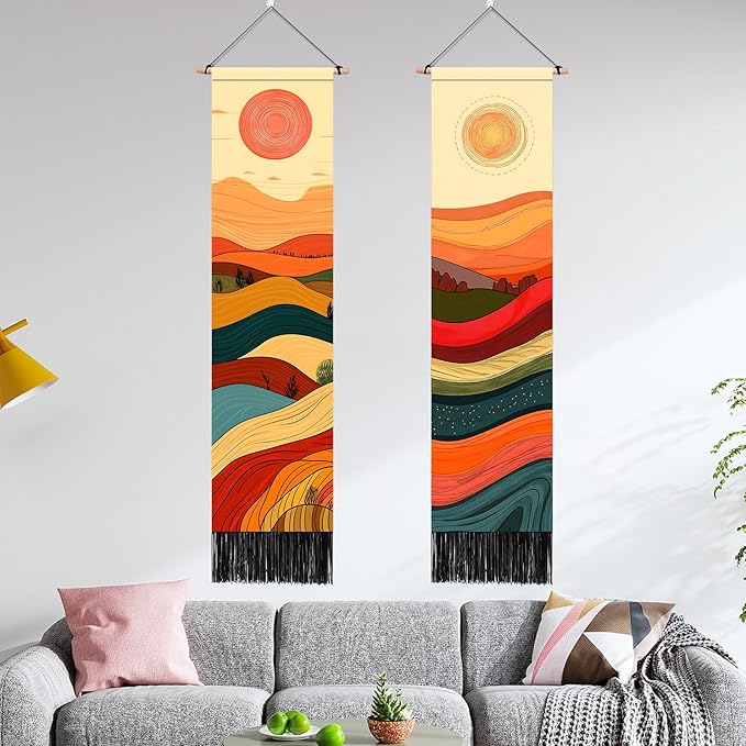 AOHMPT Pack of 2 Long Vertical Tapestry,Nature Landscape Tapestry with Serene Mountain River, Moon & Sun Motifs,Traditional Ink Painting Wall Art , Zen Aesthetic Wall Hanging for Living Room Bedroom Decor 13" W x 51" H"
