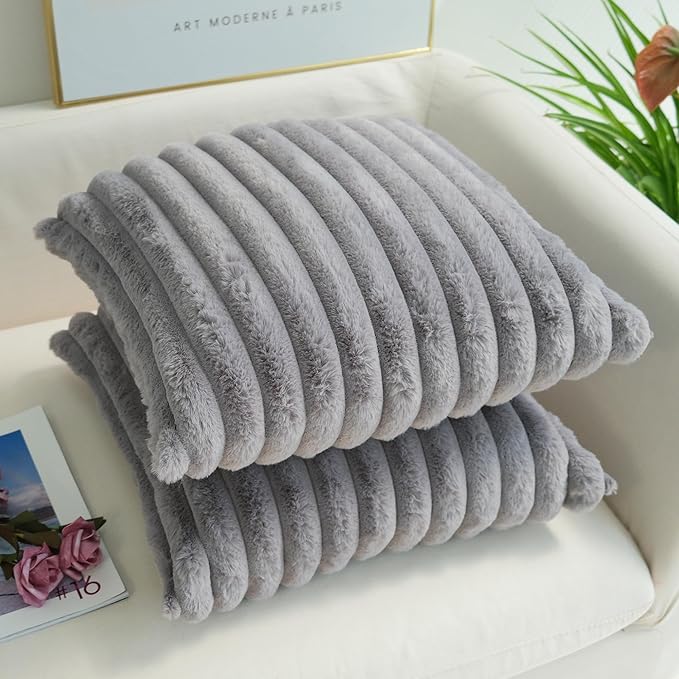JOJUSIS Pack of 2 Faux Fur Plush Decorative Throw Pillow Covers Couch Cushion Case Soft Pillowcases (Grey, 18 x 18-Inch)