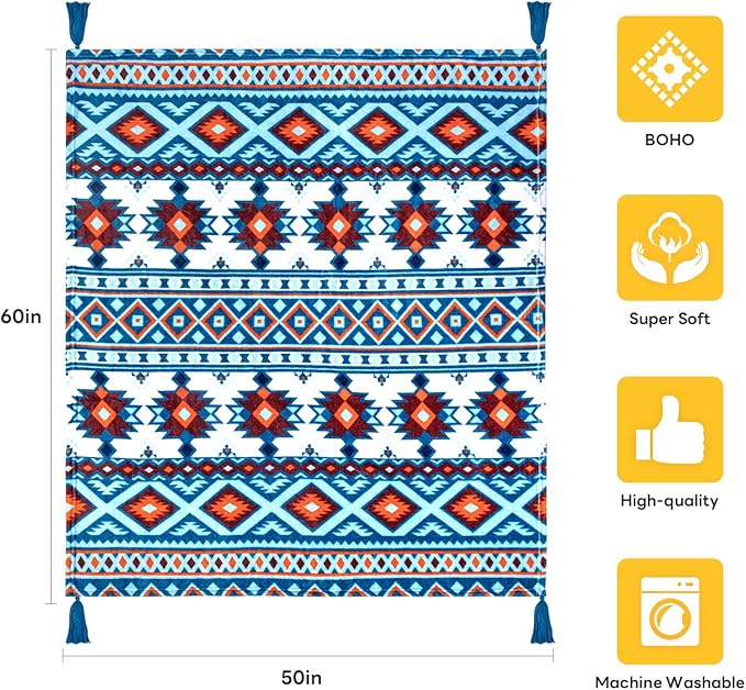 MACEVIA Flannel Boho Blanket for Couch, Country Western Aztec Blankets for Home Decor, Southwestern Colorful Throw Blanket with Tassel, Soft Cozy Bohemian Blanket for Bed (Boho Blue, 50x60inches)
