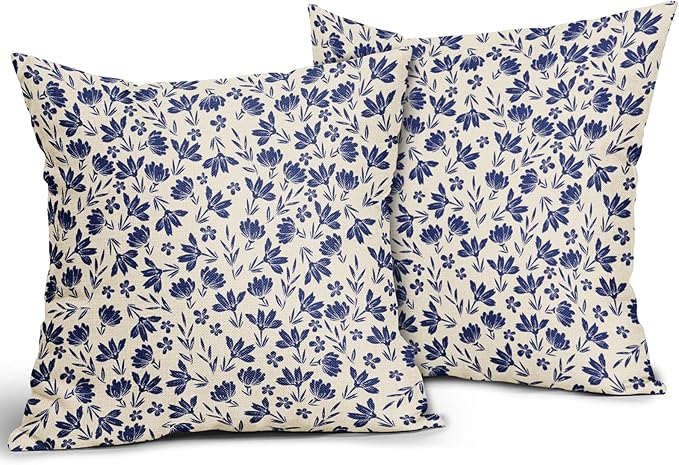 Navy Blue Floral Pillow Covers 20x20 Set of 2 Vintage Rustic Old Style Cute Small Flower Blue Cream Print Decorative Outdoor Pillowcases Farmhouse Throw Cushion Case Decor for Couch Sofa Bed