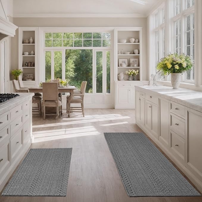 Kitchen Rugs, Kitchen Mats for Floor, Machine Washable Rugs 20"x30"+20"x48" Boho Style, Anti-Skid TPR Backing for Kitchen, Laundry, Durable, Easy Clean Spring & Everyday Use - Grey