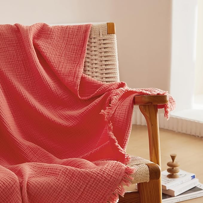 Simple&Opulence Cotton Muslin Throw Blanket 4 Layers for Bed, Couch, Woven Gauze Blanket with Tassels, Soft Lightweight Cozy Pre-Washed Breathable Farmhouse Decoration for All-Season(Coral)