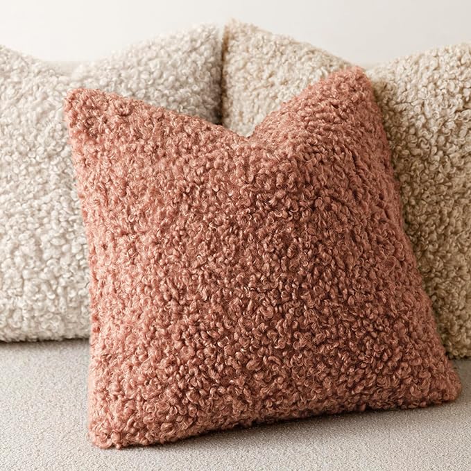 Foindtower Set of 2 Curly Teddy Wool Pillow Covers Decorative Boucle Textured Lumbar Throw Pillow Faux Fur Sherpa Pillowcases Sheepskin Fuzzy Cushion Case for Sofa Bedroom Car 12"x20" Dusty Pink