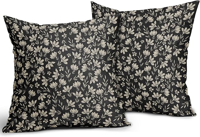 Vintage Flower Pillow Covers 16x16 Set of 2 Rustic Old Style Cute Small Floral Black Cream Decorative Throw Pillows Outdoor PillowCase Farmhouse Linen Cushion Case Decor for Home Sofa Couch Bed