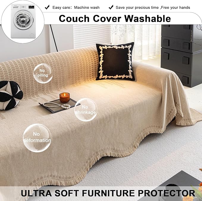 ROOMLIFE Khaki Couch Cover Sofa Covers, Chenille Couches Covers for 3 Cushion Sofas, Non Slip Soft Breathable Sofa Slipcovers for Pet, Washable Furniture Protector with Tassel,71''X134”