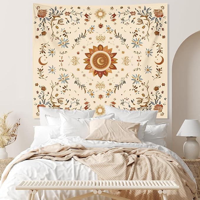 Apdidl Boho Sun Floral Tapestry Wall Hanging Bedroom Aesthetic, Bohemian Vintage Moon Girl Room Decor Tapestries, Cute India Hippie Outdoor Wall Covering for Living Room Dorm (51"X60")