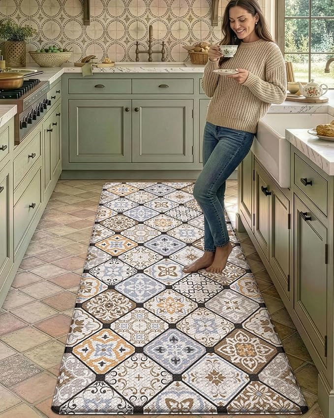 DEXI Anti Fatigue Kitchen Mats for Floor, 23x59, Cushioned Standing Padded Mat Waterproof, Comfort Runner Rug for Laundry Room Office, Brown Checkered