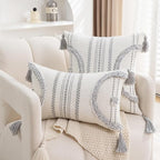 Boho Throw Pillow Covers 18x18 Set of 2 Cotton Woven Tufted Farmhouse Pillows Covers with Tassels Outdoor Neutral Gray Decorative Pillowcases Square Textured Accent Cushion Cases for Couch Bed Sofa