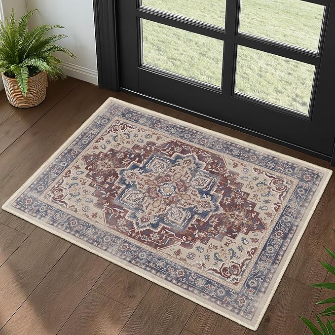 Maroon Blue 2x3 Entryway Rug, Modern Vintage Washable Kitchen Rugs Non Slip, Ultra Thin Medallion Door Mat Indoor Entrance Back Front Door, Small Rug for Inside Entry/Foyer/Bathroom/Bedside