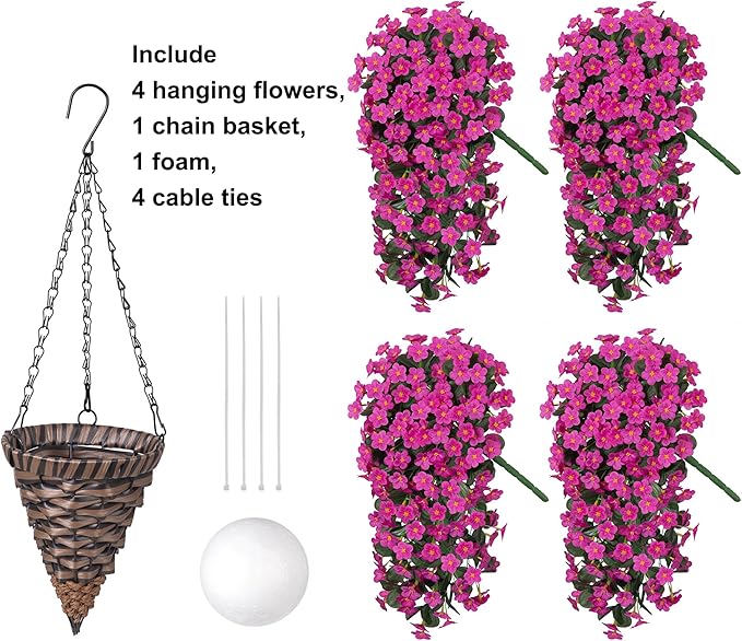 HyeFlora Artificial Fake Hanging Flowers Plants Baskets for Outdoor Spring Decoration, Faux Silk Fuchsia Daisy Mums Trailing Orchid UV Resistant for Home Outside Porch Garden Yard Patio Decor