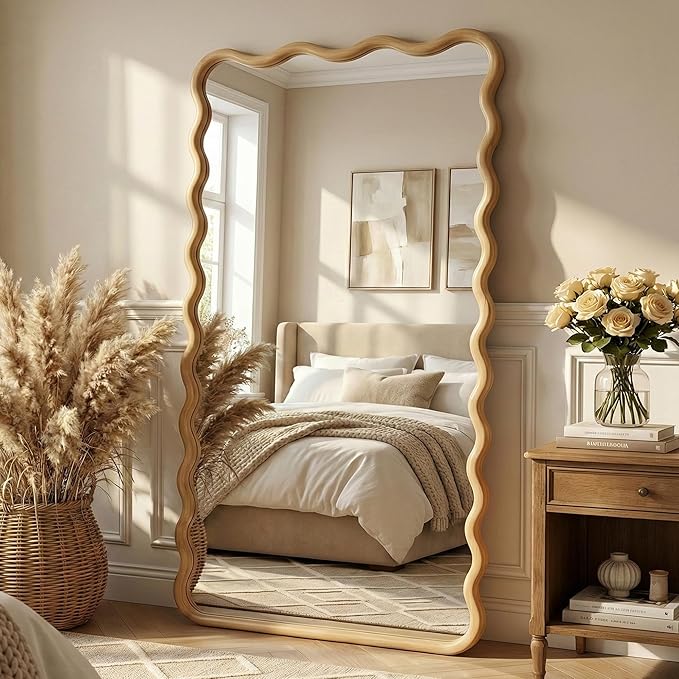 Wavy Mirror for Wall, 55"x28" Boho Wavy Wood Mirror Large Full Length Decorative Mirror with Tempered Glass, Natural Wooden Frame Vanity Mirror for Bedroom, Living Room, Entryway