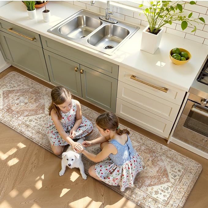 KIMODE Anti Fatigue Kitchen Mats Cushioned, Boho Oriental Kitchen Runner Rug 20"x71", Non Slip Waterproof Kitchen Mat for Floor, Comfort Foam Standing Desk Mat for Laundry Office Sink Khaki