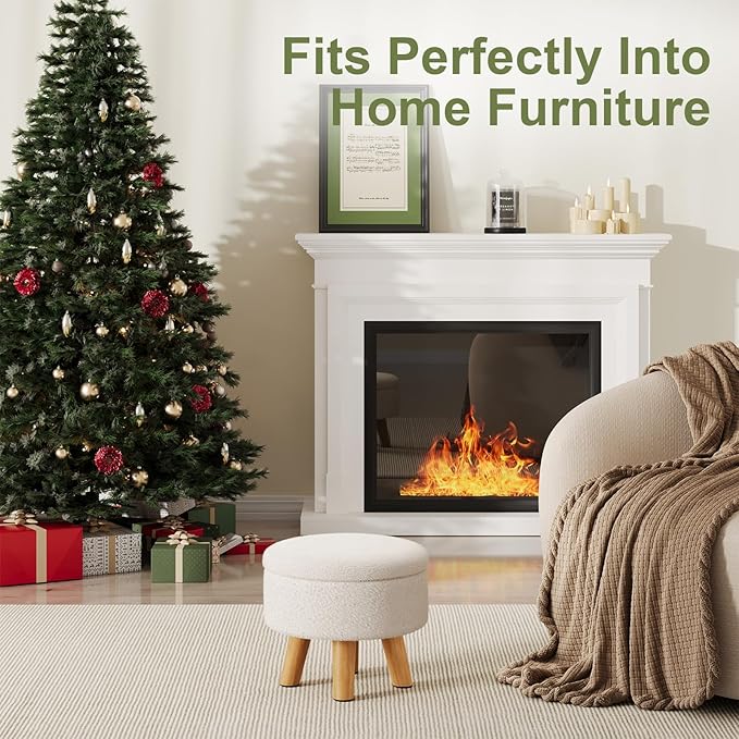 Small Ottoman Footrest, White Boucle Foot Stool, Round Pouf Ottoman with Storage, Teddy Velvet Foot Rest for Couch, Living Room, Nursery, Small Coffee Table Ottomans Stool