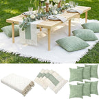 Extra Large Outdoor Boho Picnic Blanket 91'' x 71'' Green Table Runner 6 Throw Pillow Cover Woven Cotton Yarn Oversize Beach Blanket Washable for Picnic Camp Wedding
