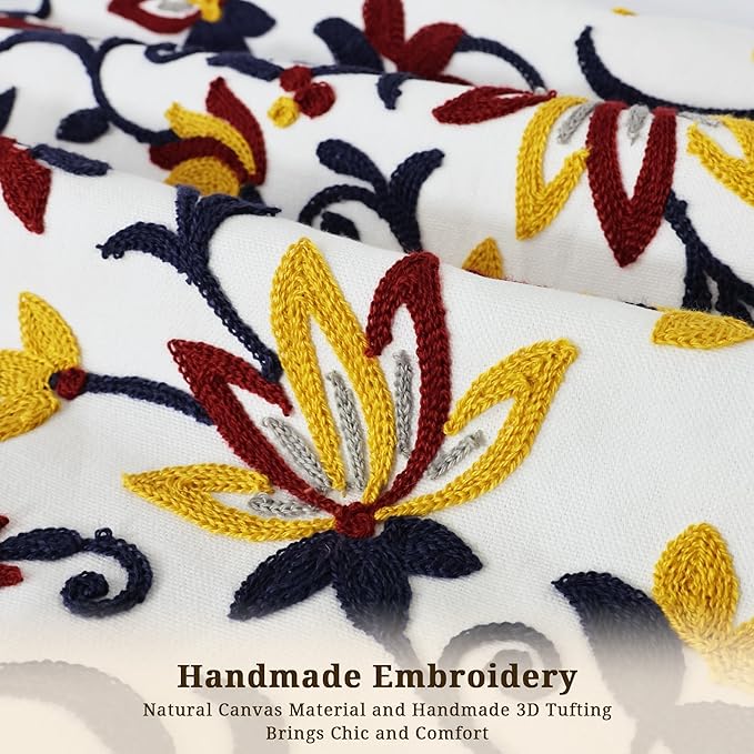 Spring Floral Embroidered Pillow Covers 18x18 Inch Set of 1, Boho Decorative Throw Pillow Cover, Farmhouse Yellow Red Flower Patterned Cushion Case for Couch Sofa Bed Patio Living Room