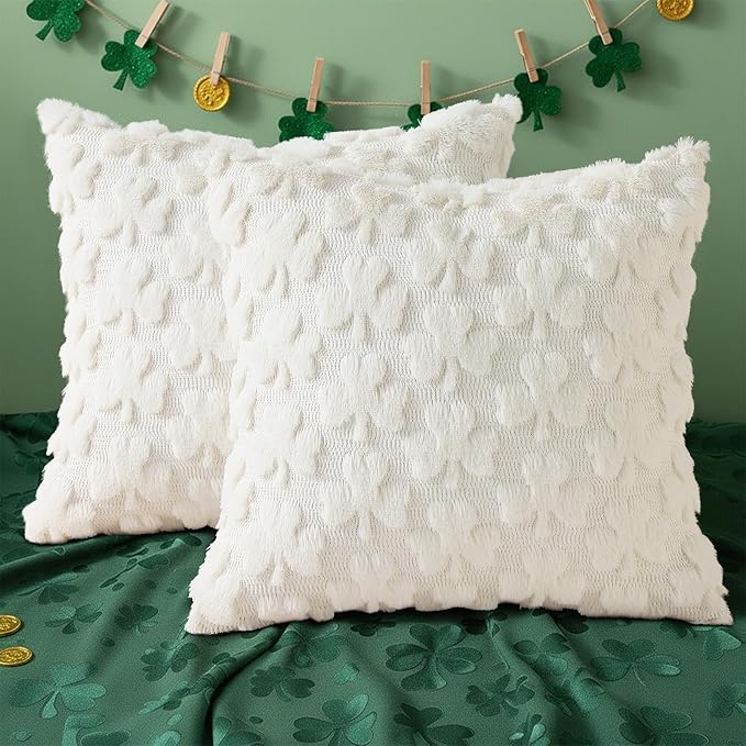 decorUhome St. Patrick’s Day Shamrock Pillow Covers 20x20 Inch Set of 2, Soft Plush Faux Wool Cream White Throw Pillow Covers, Farmhouse Spring Holiday Decor for Sofa Living Room