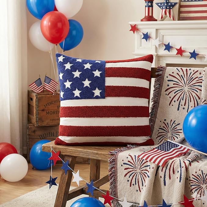 AVOIN colorlife 4th of July Patriotic Striped Star Flag Embroidered Throw Pillow Covers, 18 x 18 Inch Independence Day Decor Tufted Patterned Linen Cushion Case for Sofa Couch Set of 2