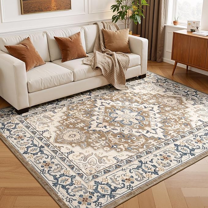 Lessymo 5x7 Area Rug for Living Room - Machine Washable Area Rugs, Super Soft Faux-Wool Area Rugs for Bedroom Kitchen, Boho Area Rug Vintage Floral Non-Slip Low Pile, Brown