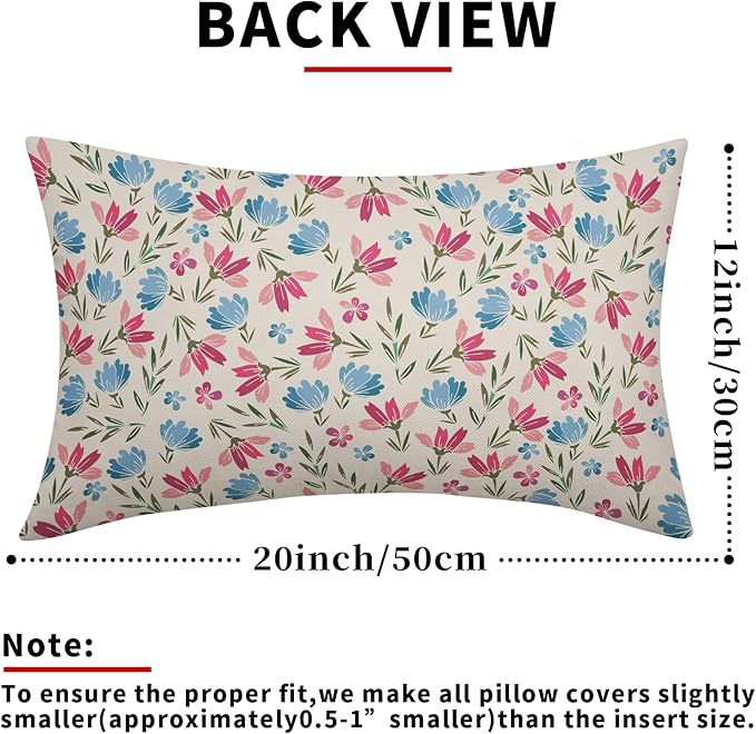 Easter Pink Blue Floral Pillow Covers 12x20 Set of 2 Spring Vintage Rustic Old Style Cute Flower Cream Print Decorative Outdoor Pillowcases Farmhouse Throw Cushion Case Decor for Couch Sofa Bed