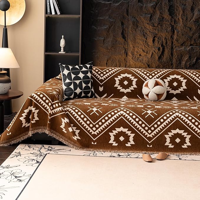 VClife Bohemian Southwestern Sofa Cover Vintage Brown White Aztec Geometric Pattern Couch Slipcover with Tassel Edge, Non Slip Washable Sofa Cover for 2 Cushion Couch Sofa Decorative Furniture Cover