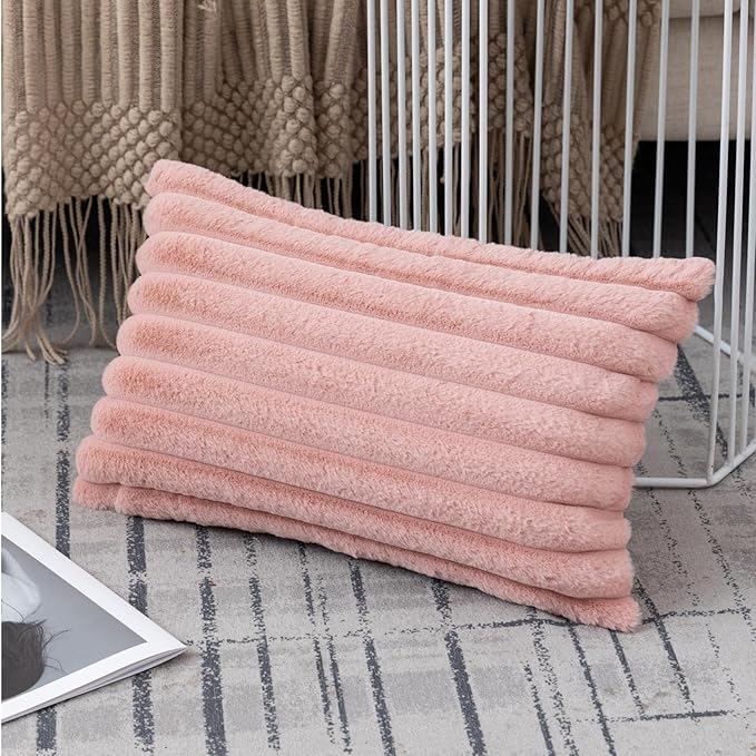 ZLINA Set of 2 Baby Pink Faux Fur Decorative Throw Pillow Covers Fluffy Striped Pillowcase Cushion Covers 12 x 20 Inch Decor Sofa Couch Bedroom