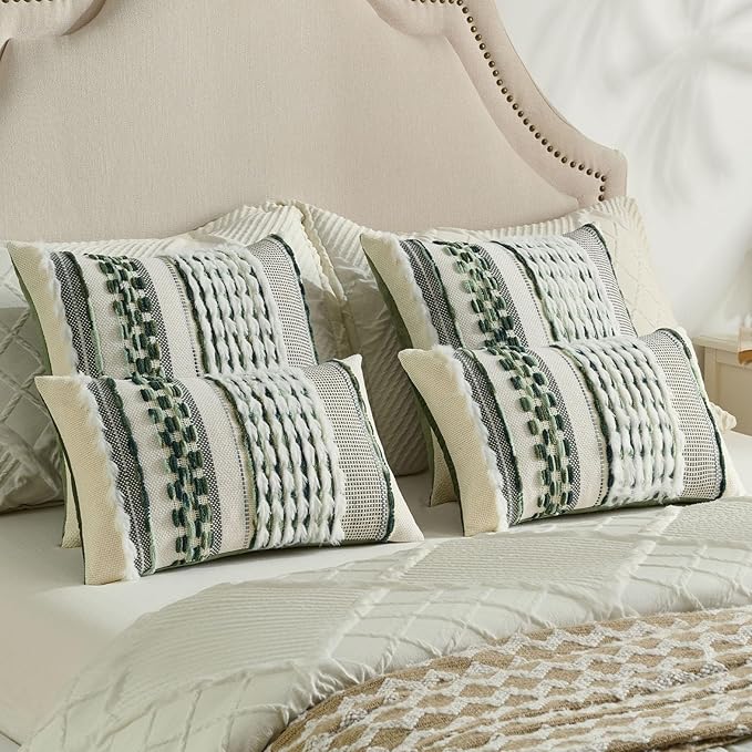FUTEI Green Accent Throw Pillow Covers Set of 2, 12x20 Inch Plush Tufted Striped Textured Decorative Pillow Cases for Farmhouse Boho Couch Decor