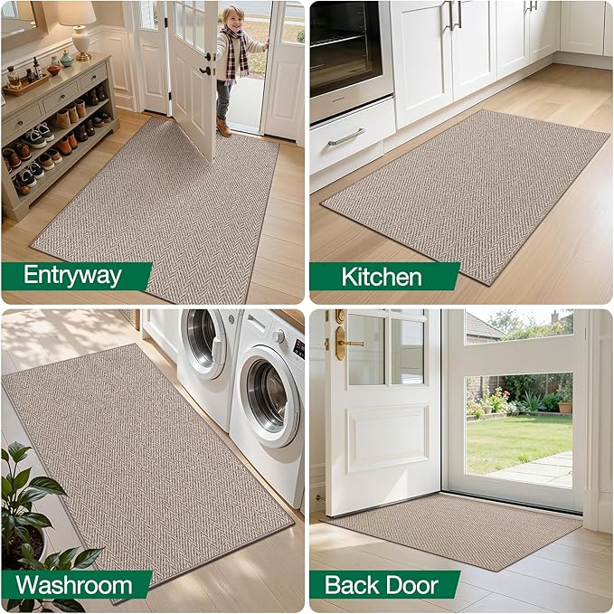 LUMI Ultra Thin Indoor Door Mat for Entrance 17"x30", Non Slip Entryway Mat, Low Profile Doormat, Unique Herringbone Design Carpet for Inside, Patio, Porch, Dark Beige