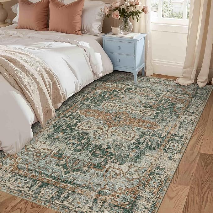 3x5 Rug for Entryway Bedroom, Green 3x5 Washable Area Rug, Vintage Retro Boho Throw Rug, Non Slip & Low Pile Small Carpet for Indoor Kitchen, Bedside, Living Room, Bathroom and Dining