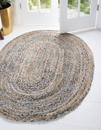 Unique Loom Braided Chindi Collection Casual Modern Blue Oval Rug (4' 0 x 6' 0), Blue/Natural