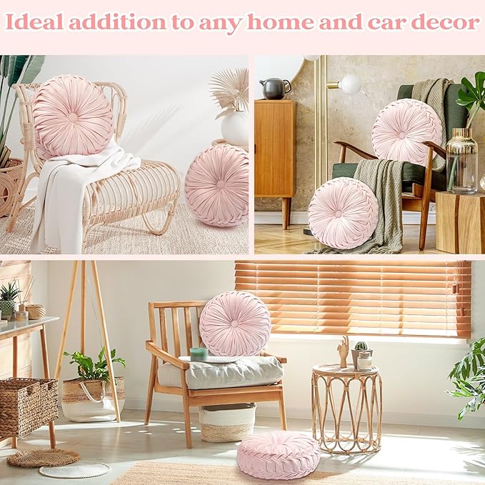 4 Pcs Round Throw Pillows 15 Inch Decorative Velvet Pleated Pumpkin Pillows Boho Floor Pillow with Center Button for Living Room Couch Chair Bed Sofa Home Decoration (Light Pink)