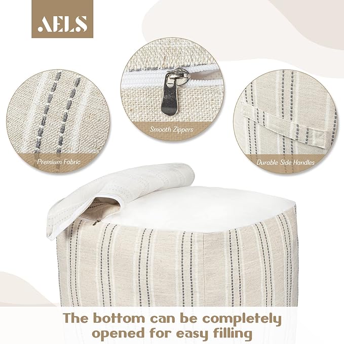 AELS Unstuffed Farmhouse Pouf Cover for Living Room, Boho Storage Bean Bag Cubes, Beige with Gray Stitch Yarn Dyed Stripe Square Ottoman Pouf Foot Rest Footstool, 18"x18"x18", Cover ONLY