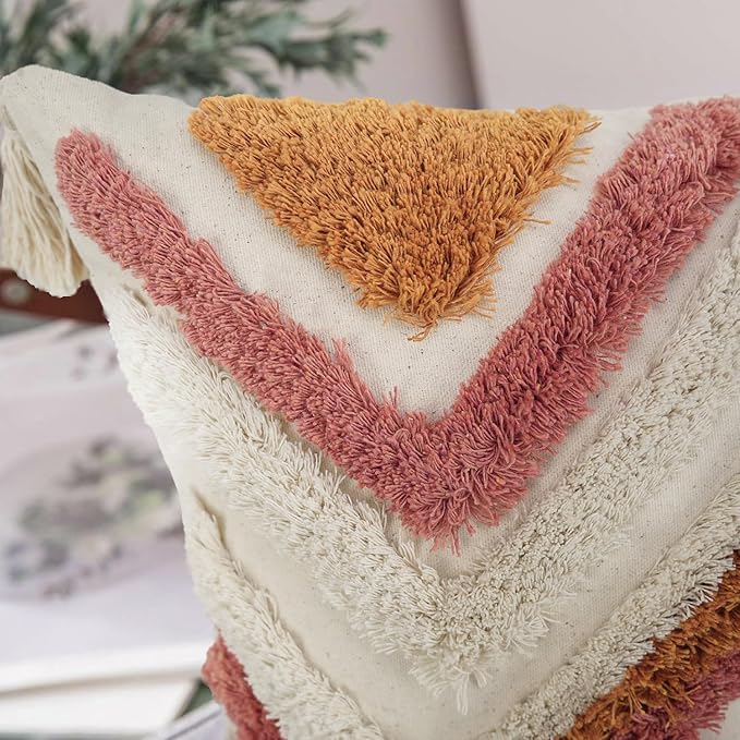 Merrycolor Boho Throw Pillow Covers 20x20 with Tassels, Decorative Pillow Covers Woven Tufted Bohemian Pillow Covers for Couch Sofa Bedroom Living Room
