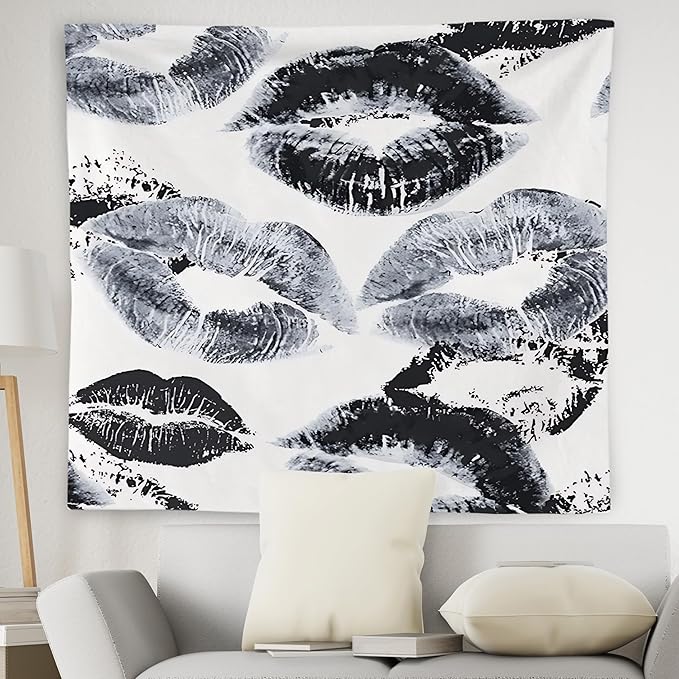 WNAGT Trendy Black and White Kiss Lips Tapestry Wall Hanging, Funky Makeup Wall Decor, Fashion Aesthetic Wall Blanket Decor for Girls Room College Dorm Makeup Room Beauty Room, 50x60 Inch