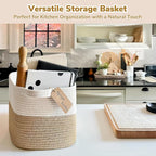Goodpick Woven Storage Basket for Shelves, Medium Empty Gift Basket with Handles, Square Wicker Dog Toy Baskets, White and Jute Storage Bin, 13 x 10 x 9 Inches