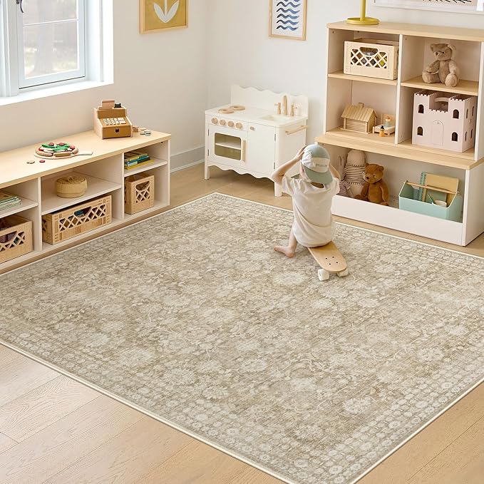 5x7 Area Rugs for Living Room: Washable Vintage Floral Rug Low Pile Non-Slip Boho Carpet for Nursery Bedroom Dining Room (Brown, 5'x7')