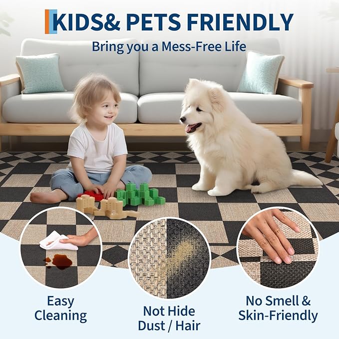 GarveeHome Easy Jute Rug 9x12 Washable Rugs for Living Room Checkered Indoor Outdoor Rug for Patio Non-Slip No Shed Jute Rugs Geometric Carpet for Farmhouse Dining Room Backyard Office, Natural